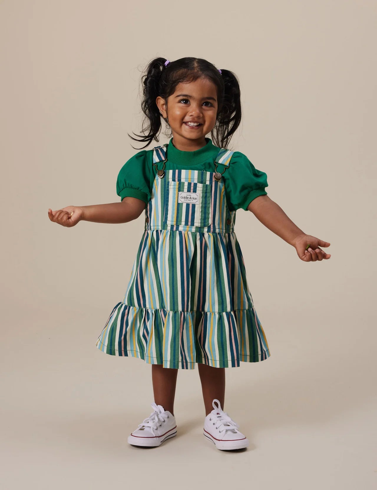 Tully Tiered Pinafore Dress - Stripe Evergreen