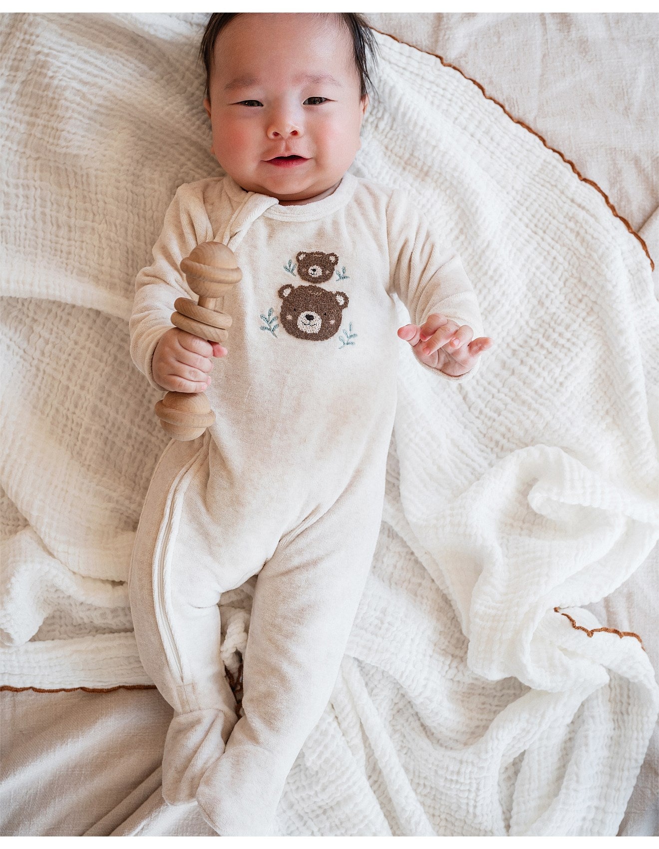 Mateo Velour LS Zip Onesie - Cream Marl