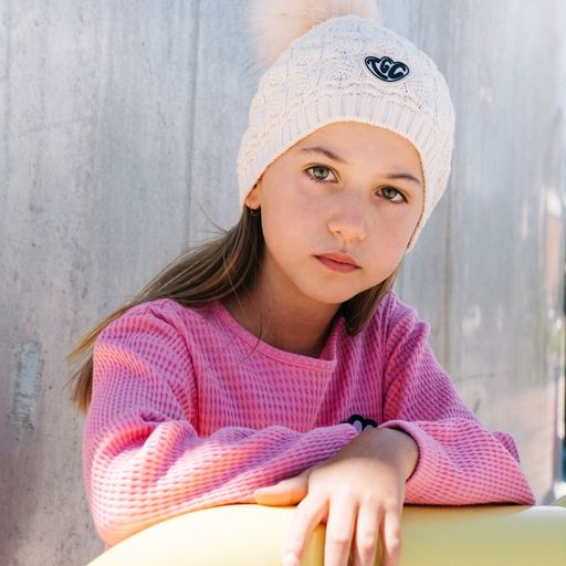 Cream Lace Knit Pom Pom Beanie