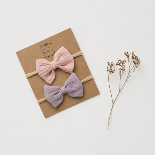Organic Muslin Bow Headband (set of 2) - Lilac + Blush