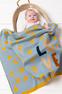 Love Heart Baby Blanket - Blue/Camel
