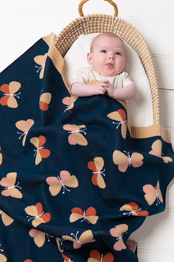 Beau Butterfly Baby Blanket - Indigo/Caramel