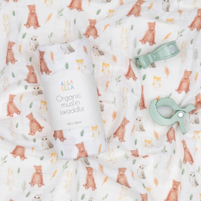 Organic Swaddle & 2 Pram Peg Gift Set - Forest Friends