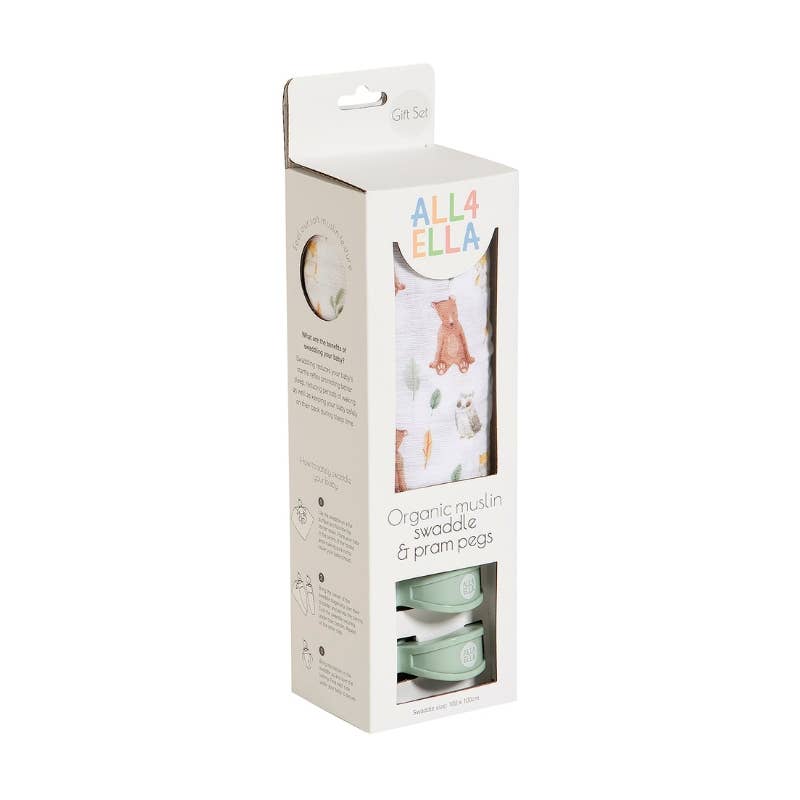 Organic Swaddle & 2 Pram Peg Gift Set - Forest Friends
