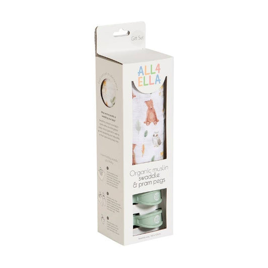 Organic Swaddle & 2 Pram Peg Gift Set - Forest Friends