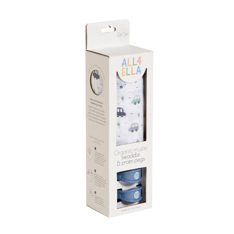 Organic Swaddle & 2 Pram Peg Gift Set - Beep Beep