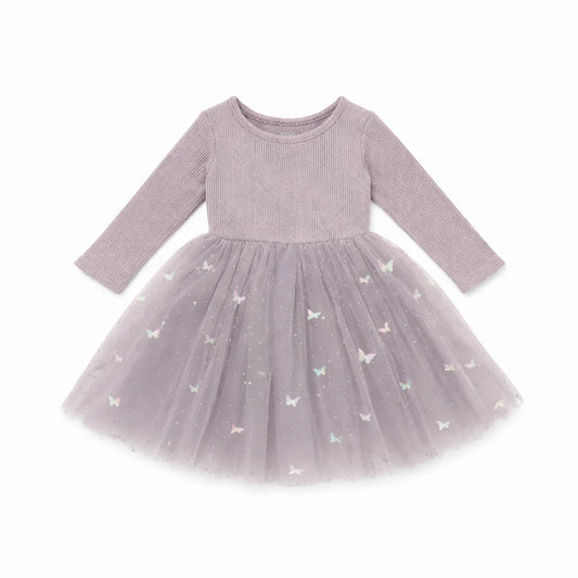 Long Sleeve Tulle Dress - Mauve Butterflies