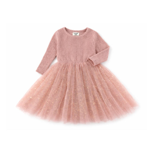 Long Sleeve Tulle Dress - Dusty Pink Sparkles