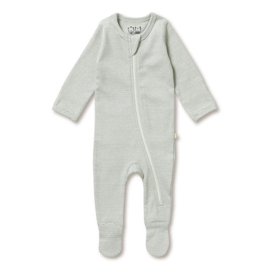 Organic Stripe Rib Zipsuit with Feet - Fern