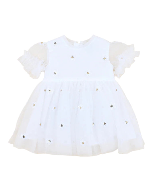 Festive White Sequin Daisy Dress