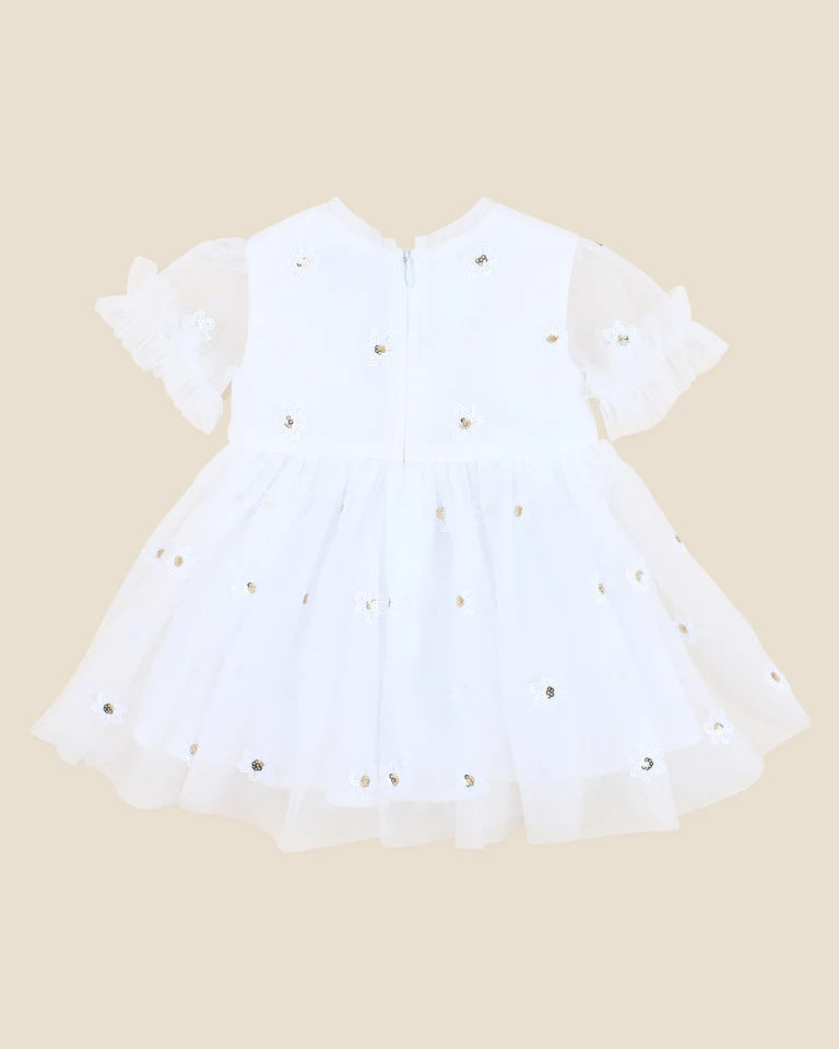 Festive White Sequin Daisy Dress