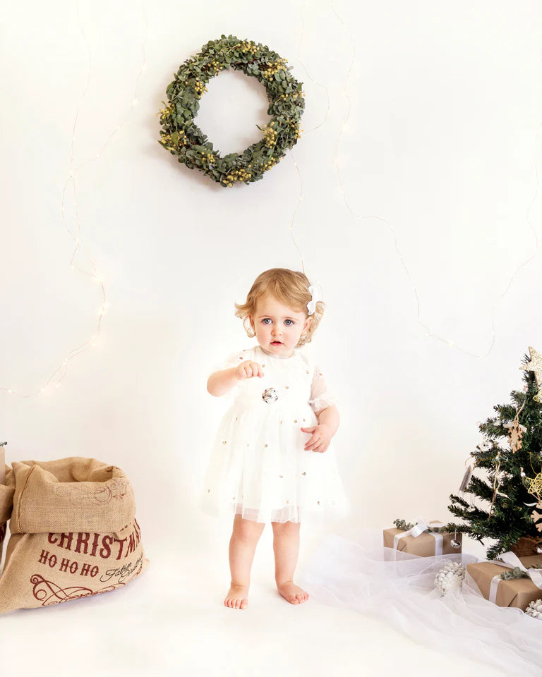 Festive White Sequin Daisy Dress