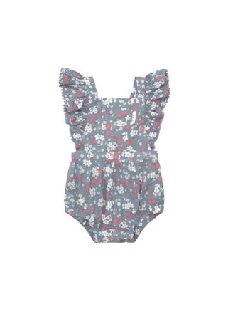 Vintage Strawberry Frill Playsuit - Dusty Blue
