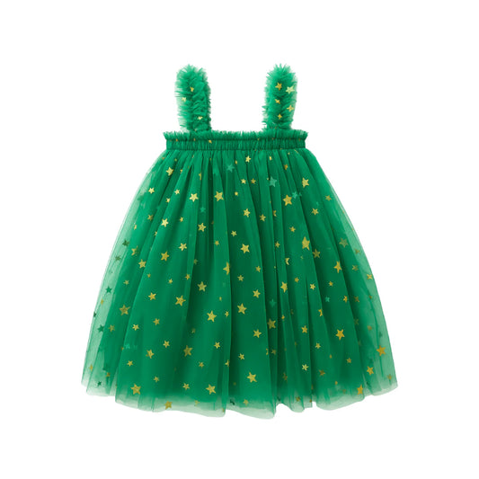 Classic Christmas Tulle Dress - Green Stars