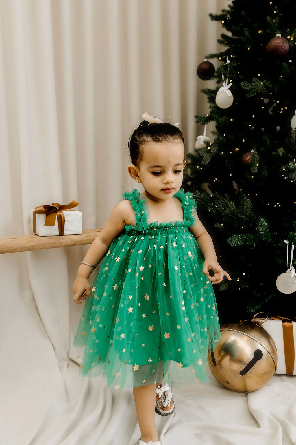 Classic Christmas Tulle Dress - Green Stars