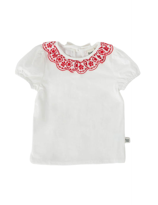 Greta Embroidered Collar Top White/Red