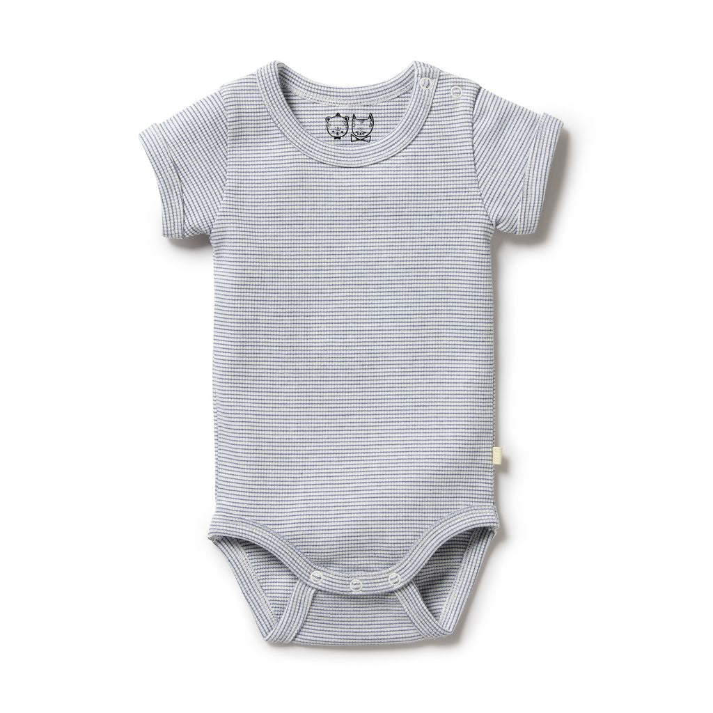 Organic Stripe Rib Bodysuit - Rain Drop