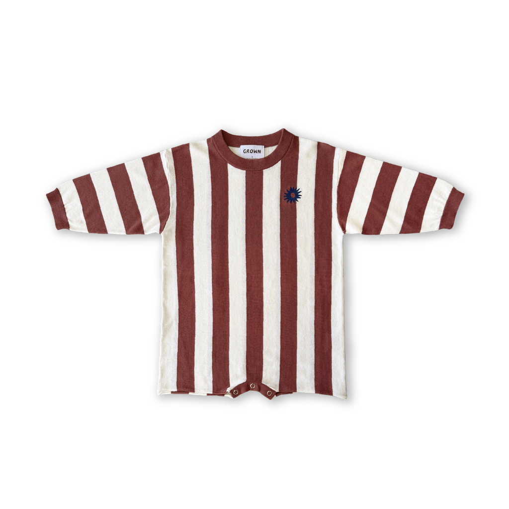 Organic Knitted Stripe Romper - Maroon