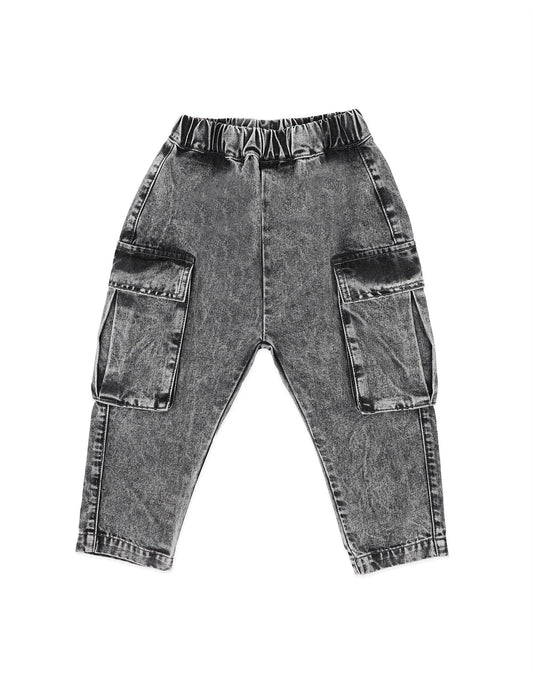 Washed Black Pull On Cargo Jeans