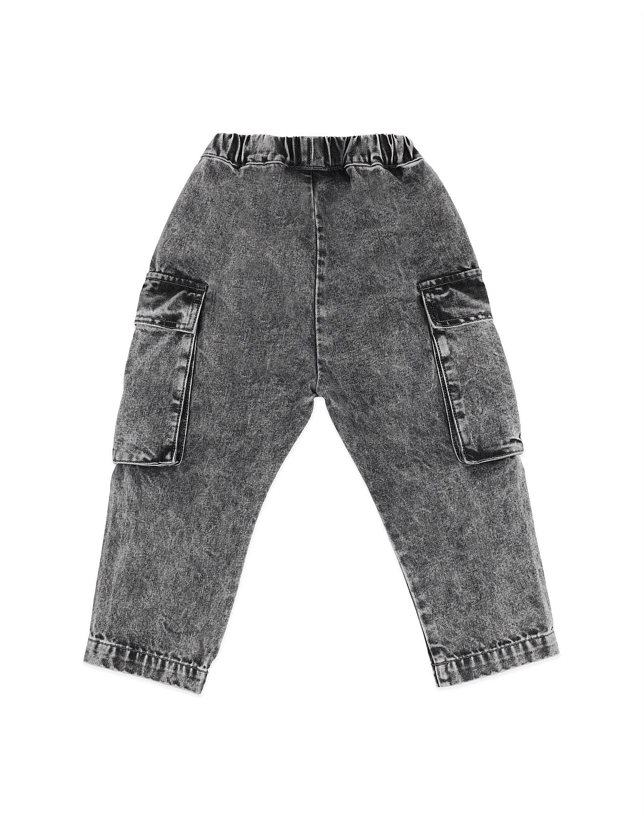 Washed Black Pull On Cargo Jeans