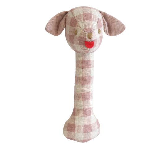 Puppy Stick Rattle - Rose Check Linen