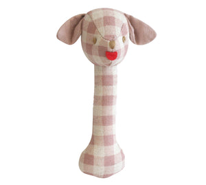 Puppy Stick Rattle - Rose Check Linen