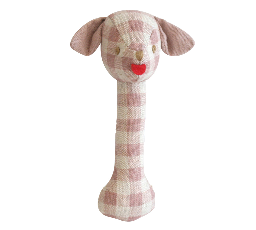 Puppy Stick Rattle - Rose Check Linen