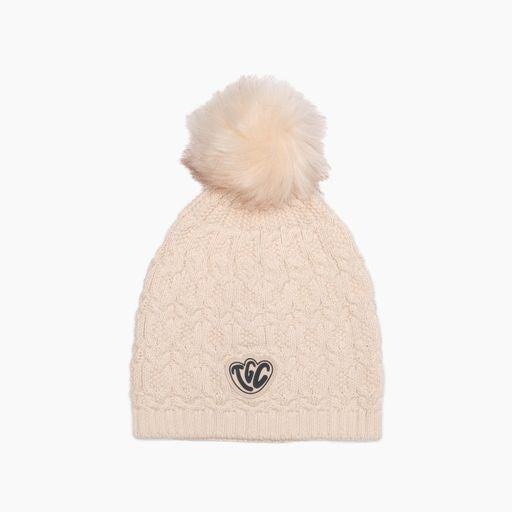 Cream Lace Knit Pom Pom Beanie